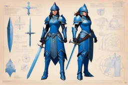 ConceptSheet blueprint [illustration by Angus McBride] female water paladin Loadout Concept: helmet, armour, and weapons with their blueprint: zweihander sword, and all the package of a knight