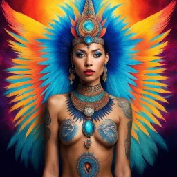 [real life version of a Dr. Seuss] a surreal scene,Feral girls and a reptilian god upon a Mayan pyramid, so serene.Tattoos came to life, uniforms transformed with tribal patterns aglow,Colors pulsed, jewelry sparkled, and the aura halo cast a radiant show.The god's scales shimmered, wings unfurled in a mesmerizing display,Lush green rainforest mountains undulated in a cosmic ballet.A kaleidoscope of hues danced before the writer's eyes, so bright,Boundaries blurred, reality melted in the psyched