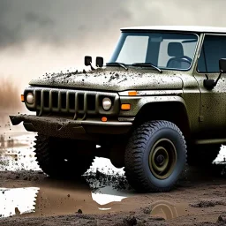 hyperrealistic shot, muddy military toy truck, monotone color palette, sharp focus, puddle reflection, tire mud splash, refraction, mist on the horizon, lightning, shadowcast, detailed and intricate, cinematic composition, micro, tilt shift photography