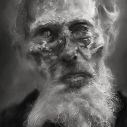 Extremely detailed portrait of man fading into a dark and rough oblivion, black and white digital painting.