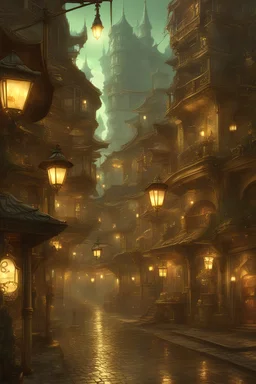 Fantasy city rich street, moist from rain, lots of francy shops and rich people. Fancy streetlight