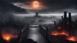 walking straight ahead over a wooden bridge, holding the angel of death with your right hand, entering the fog at the end of the road that leads to the afterlife, and a beautiful sunset and galaxy's behind the fog, realistic