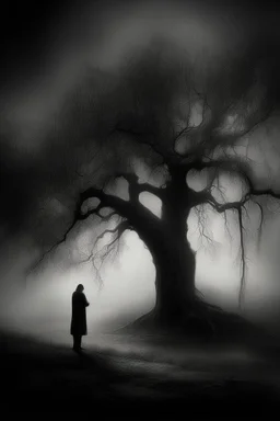 The Illusion of being in love , a broken shadow by the tree of sadness in the mist and storm