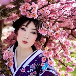 close up of stunning, gorgeous Japanese woman in traditional kimono with intricate flowers and jewels in hair surrounded by cherryblossoms nd mist, 8k, high-quality, ultrafine-detail, intricate, detailed matte, digital art, brian froud, howard lyon, anna dittmann, Greg Rutowski, alphonse mucha