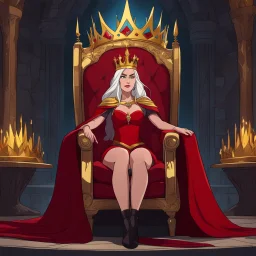 [Disenchantment] queen Dagmar on her throne in agent provocative, ready with her gold crown, red cape,