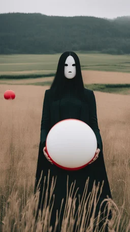 a no face woman with mask standing in a field holding red ball, inspired by Ren Hang, design milk, long black hair, whites, wanderers traveling from afar, trending on artisation, cloning spell, coat pleats, in twin peaks, submarine, by Helen Thomas Dranga, symetry, round-cropped, noire photo