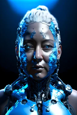 Cyborg female evolving | concrete floor | detailed | fine art | highly detailed | smooth | sharp focus | ultra realistic | full body portrait view, Mysterious,blue metal, smile