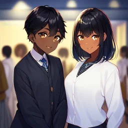 Clear focus,High resolution,High quality, Student, Smiling, Dark skin, Black short straight hair, Brown eyes