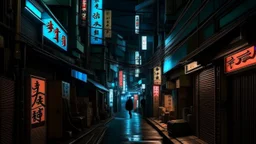 Neon-lit Tokyo streets, shadows hinting at otherworldly dangers, in a dark