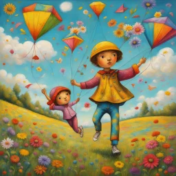 by Os Gemeos, Enthusiastic adorable Boy and girl flying kites in a grassy meadow, kinetic, wildflowers, perfect composition, vivid colors, artistic patterns, gorgeous, subtleties beneath the surface, detailed background, moody