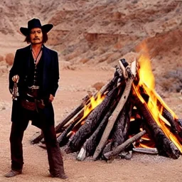 johnny depp as indiana jones smoking, around a fire, in the desert, photo shoot