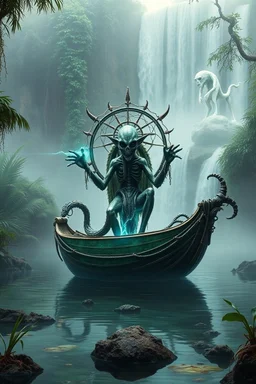 action figure of a crucified alien necrophyte electric eel necromancer on round swamp transparent glass obcidian boat beholder eye wheel throne in a charged foggy jungle waterfall