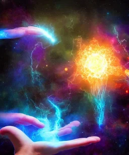 Hand holding cosmic astral water earth air fire plasma electricity sparks glowing sigils