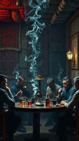 Bosch painting style nightmare , 3D , people are smoking Hookah and alcohol in a cafe a rugs on the walls in the background, high Quality picture , 8k