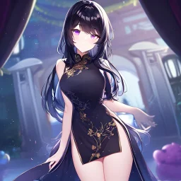 Clear focus,High resolution, Black long fluffy hair, and purple eyes, wearing a chinese dress, cute