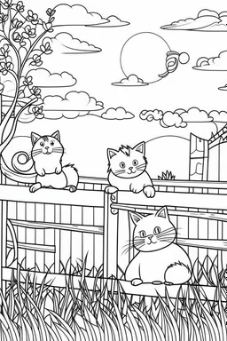 coloring page for kids, Cats on a fence, cartoon style, thick lines, low detail, no shading