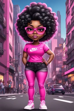 create an airbrush illustration of a chibi cartoon voluptuous black female. Wearing a hot pink t-shirt and tight black jeans with hot pink Nike sneakers. Prominent make up with hazel eyes and she is wearing pink glasses. Extremely Highly detail of a very low platinum shiny black pixie haircut. Background of a busy city street.