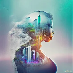 smoke, smog, city scape with pollution, double exposure photography, colourful nature, clean sharp focus, on white background