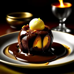 A decadent Molten Lava Cake, oozing with hot molten chocolate from its cracked center, elegantly presented on a plate with a dollop of creamy ice cream perched on top. This sumptuous dessert is depicted in a photograph, capturing the richness of its textures and colors. The luscious chocolate appears almost liquid, while the cake's exterior glistens with a hint of golden crust. The ice cream melts slightly, creating a tantalizing contrast of temperatures. The image exudes a sense of indulgence a