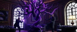 Some well dressed cult figures fighting to contain energy from floating chtonian dark purplish glowing snakelike tree made by twisted snakelike sticks creating weird geometric form in dramatic scene in luxury parlour in the style of Giger and Escher