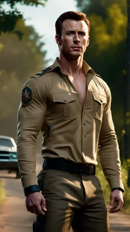 chris evans as a handsome muscular sheriff wearing a long sleeved khaki shirt, short hair, standing by the roadside, trees in the background. photorealistic. 4k. urban fantasy
