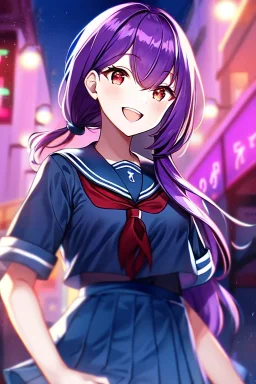 girl, masterpiece, best quality, cinematic lighting, detailed outfit, vibrant colors, perfect eyes, long hair, purple hair, red eyes, low ponytail, school outfit, laughing,