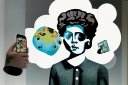 giant mobile phone with earth on the screen and small man with head inside it in the style of Eileen Agar