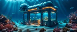 Underwater Observatory on the ocean ground, inside hyperrealistic 16k, 3d rendering, expressively detailed, dynamic light, neon lighting, outside underwater world with plastic pollution