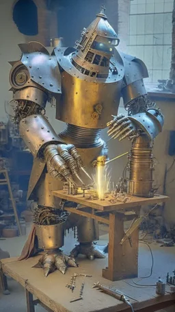 medieval mad scientist, medieval metal golem being made, operation table