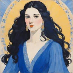 a naive painting of a Spanish brunette with long hair, small nose, in a blue silk dress with thin straps, thick lines, large areas of flat color, la ligne claire by Kupka