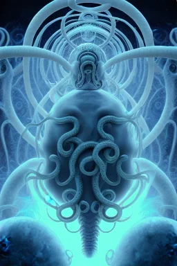 Spiritual being with Tentacles over human Head creating reality around, wrapping Tentacles around Human, Dimethyltryptamine