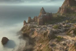 low-angle shot of a Craggy cliffside overlooking a sandy beach, fantasy, mystical, town in the horizon