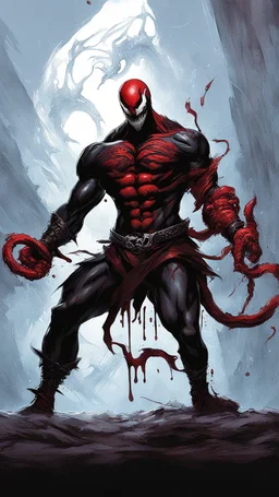 Venom symbiote with kratos red tattoos and Clothes, holding blade of choice