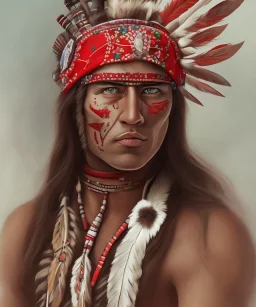 Guaicaipuro, native american face, Muscular warrior, three red feathers headband, holding spear