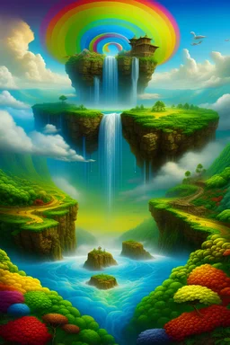 A cascading waterfall that flows in all colors of the rainbow, surrounded by clouds and floating islands