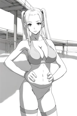 slim girl in bikini with blonde hair and two pigtails, manga style, cool pose, greyscale