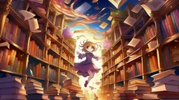 Enchanted library, books flying and tales coming alive, in a magical realism anime style