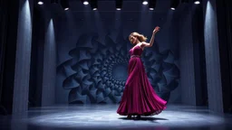 modern stage with gray-blue theme artistic decoration , color full dynamic lighting, a beautiful lady in modern maxy dark purple red dress with shining silver jwells dancing, 3D recursive fractal structure animating background