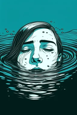 Artwork of t-shirt, Wide angle, half of face on water surface of a woman eyes are full of tears in swimming pool. Broken heart, sadness, down deep