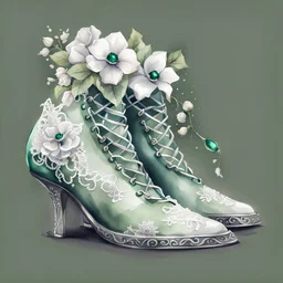 watercolor drawing of a dark Gothic green shoes with emeralds and flowers and white lace, on a white background, Trending on Artstation, {creative commons}, fanart, AIart, {Woolitize}, by Charlie Bowater, Illustration, Color Grading, Filmic, Nikon D750, Brenizer Method, Side-View, Perspective, Depth of Field, Field of View, F/2.8, Lens Flare, Tonal Colors, 8K, Full-HD, ProPhoto RGB, Perfectionism, Rim Lighting, Natural Lighting, Soft Lighting, Accent Lighting, Diffraction Grading