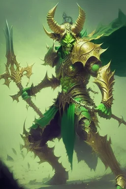 Demonio en armadura verde con dorado empuñando una lanza en un campo de guerra