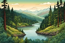a cartoon illustration of a lush Pacific Northwest forested river valley landscape in the pale light of dawn, in the cartoon style of Lynda Barry , vibrant natural colors, , museum quality masterpiece