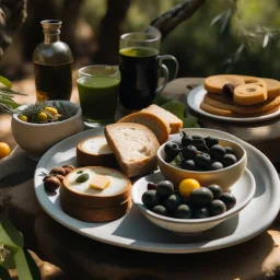 A plate of olives, surrounded by a breakfast of cheese and bread, and a cup of hot tea found in nature