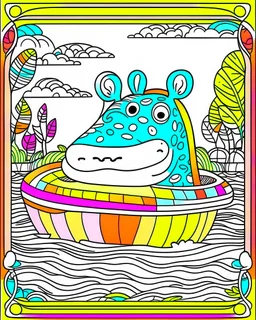 create a 2d colorful outline, "hippo driving tourist car coloring book for kids ", coloring cover, low details design, black contour, coloring cover design,safari background, colorful , card style, coloring cover for kids, colorful background