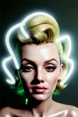 Ultra Realistic image, portrait, blonde woman, sweet Marylin Monroe face, perfect iris, glow eyes, gold makeup. Cyberpunk style, latex coat, fog, rain, soft color, highly detailed, unreal engine 5, ray tracing, RTX, lumen lighting, ultra detail, volumetric lighting, 3d, finely drawn, high definition, high resolution.