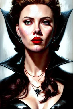 painting of scarlett johansen as evil queen in black leather, feminie, angry, stern look on her face, volouptous, busty, cleavage, emperious, mature, highly detailed, digital painting, artstation, concept art, smooth, sharp focus, illustration, art by gaston bussiere and alphonse mucha