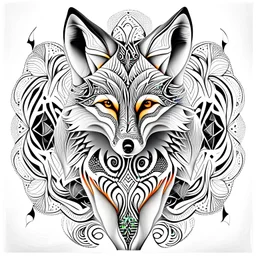 Fox symmetrical design ink art colors silver orange cream white and black hyper-detailed realistic 8k