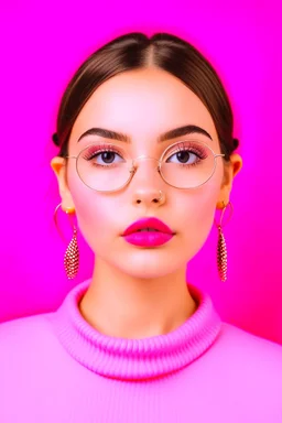 Very pretty girl behind a plain pink background with braided hair wearing glasses and earring