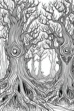 A creepy forest with gnarled trees, glowing eyes peeking through the darkness.. Outline, sketch style, only use outline, mandala style, clean line art, white background, no shadows, no clear wall, coloring page.