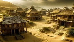 fantasy, chinese town, dune, crater, sand strom, destroyed chinese houses